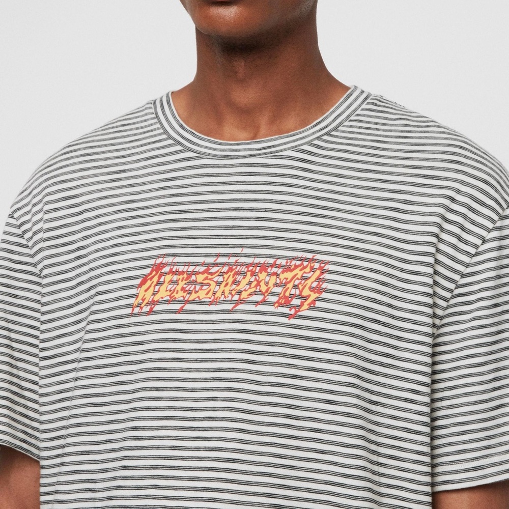 All Saints Cotton Stripe Relaxed Fit Burner Crew T-shirt Gray And White